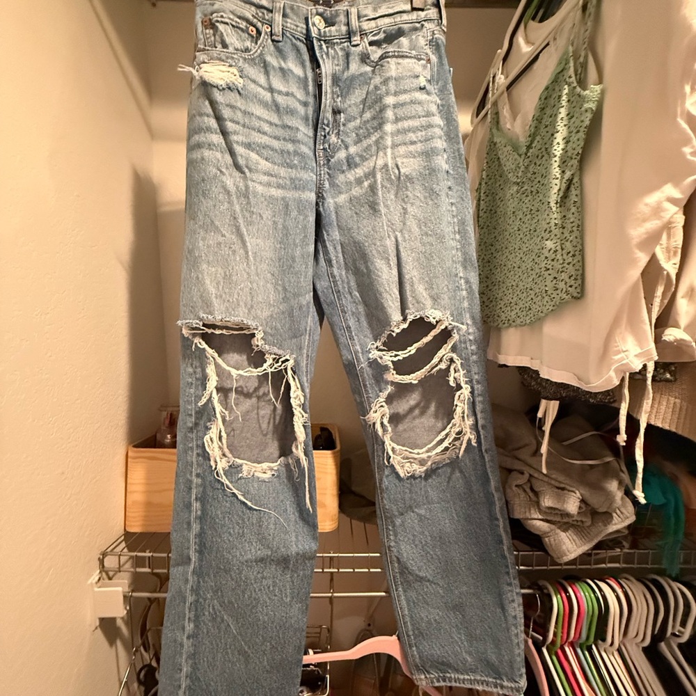 American Eagle Outfitters Blue Straight Leg Jeans with Distressed Details
